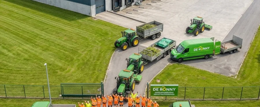 Het opgeleverde terrein: kort gemaaid gazon en de ploeg van De Ronny
